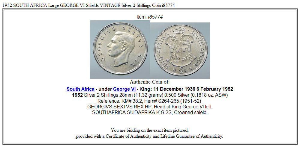 1952 SOUTH AFRICA Large GEORGE VI Shields VINTAGE Silver 2 Shillings Coin i85774