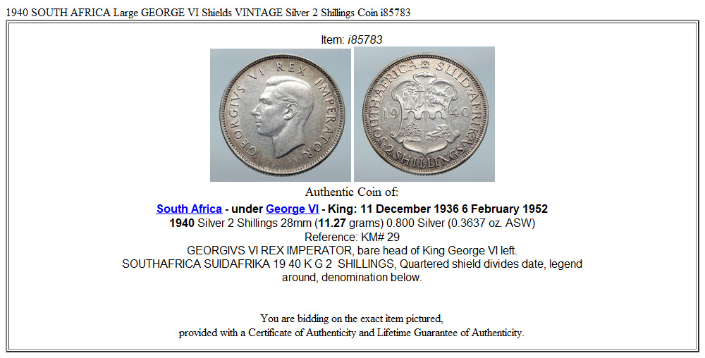 1940 SOUTH AFRICA Large GEORGE VI Shields VINTAGE Silver 2 Shillings Coin i85783