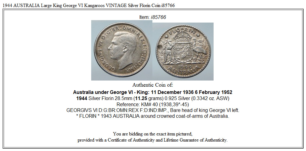 1944 AUSTRALIA Large King George VI Kangaroos VINTAGE Silver Florin Coin i85766