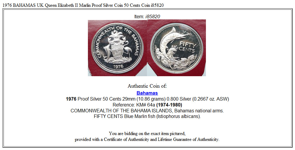 1976 BAHAMAS UK Queen Elizabeth II Marlin Proof Silver Coin 50 Cents Coin i85820