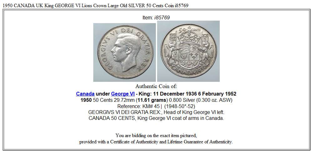 1950 CANADA UK King GEORGE VI Lions Crown Large Old SILVER 50 Cents Coin i85769