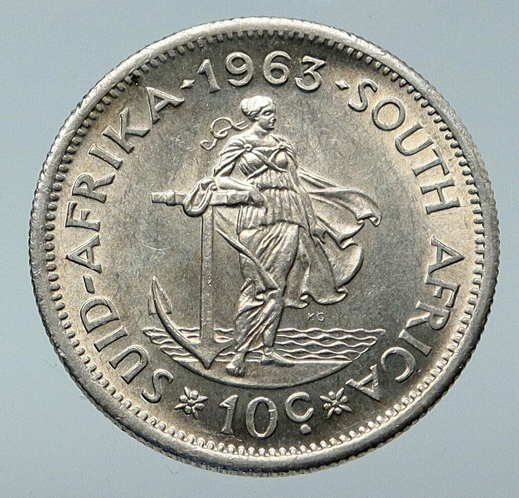 1963 SOUTH AFRICA Jan van Riebeeck Woman Anchor Silver 10 Cents Coin i85778