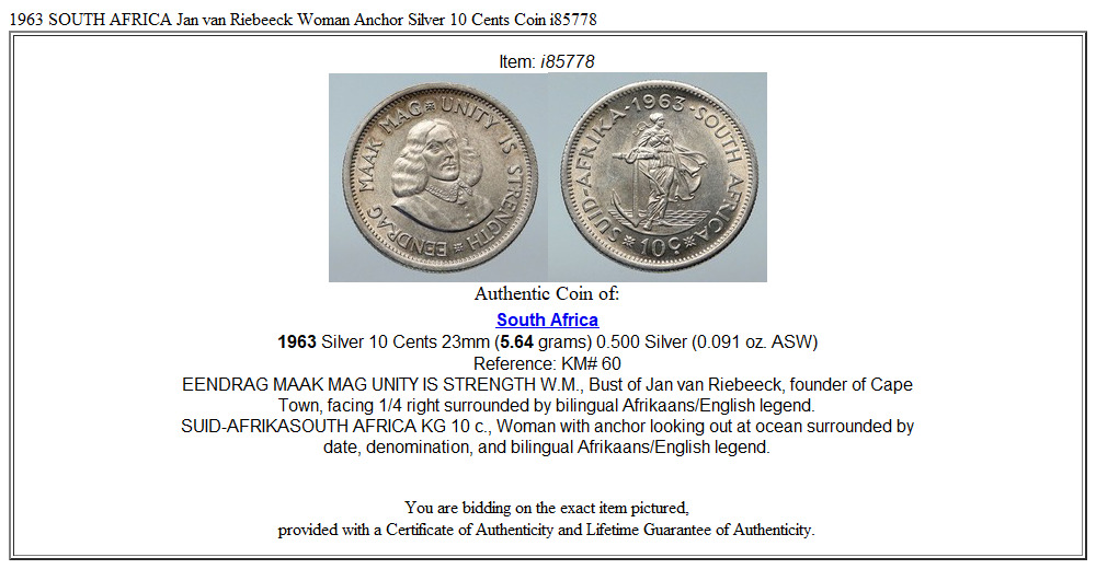 1963 SOUTH AFRICA Jan van Riebeeck Woman Anchor Silver 10 Cents Coin i85778