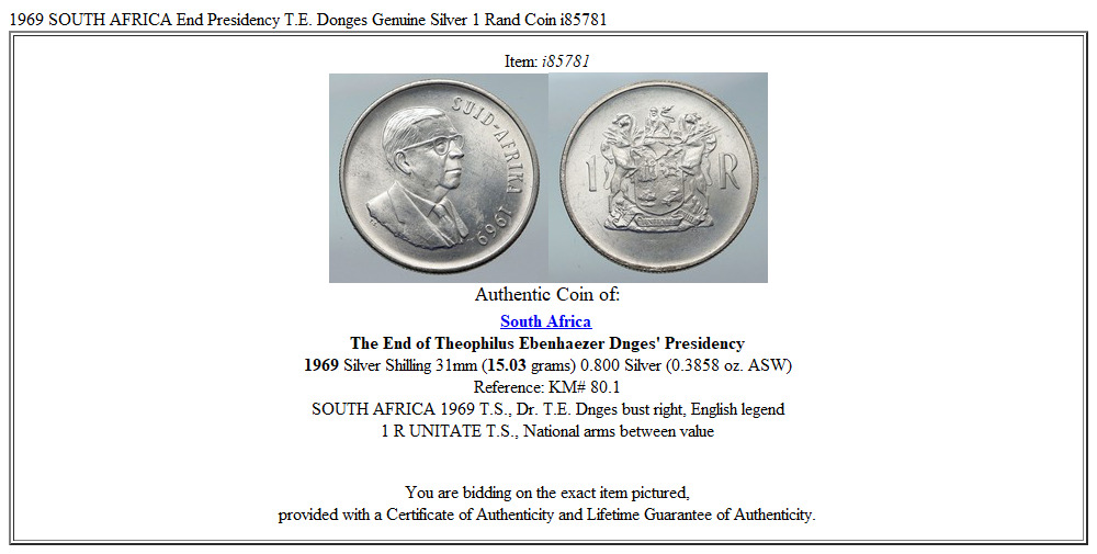 1969 SOUTH AFRICA End Presidency T.E. Donges Genuine Silver 1 Rand Coin i85781