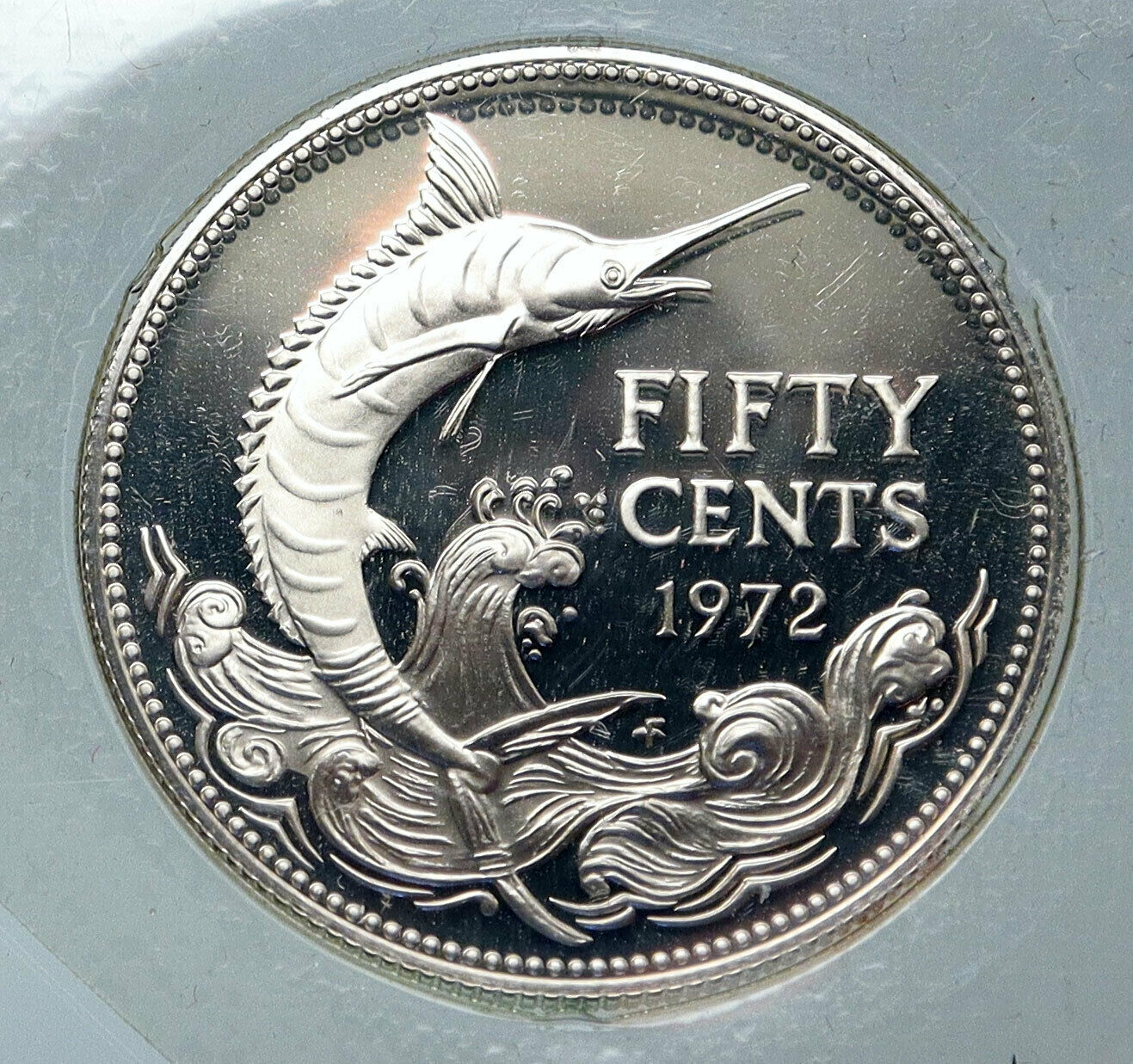 1972 BAHAMAS UK Queen Elizabeth II Marlin FISH Proof Silver Coin 50 Cent i85821