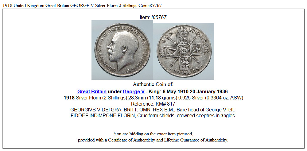 1918 United Kingdom Great Britain GEORGE V Silver Florin 2 Shillings Coin i85767