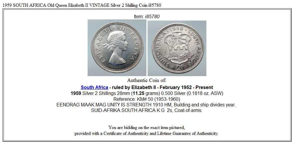 1959 SOUTH AFRICA Old Queen Elizabeth II VINTAGE Silver 2 Shilling Coin i85780