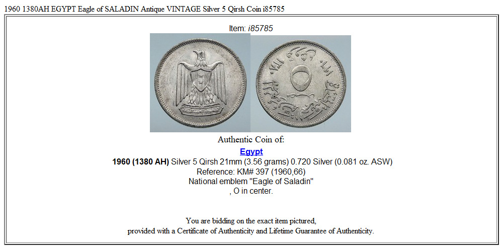 1960 1380AH EGYPT Eagle of SALADIN Antique VINTAGE Silver 5 Qirsh Coin i85785