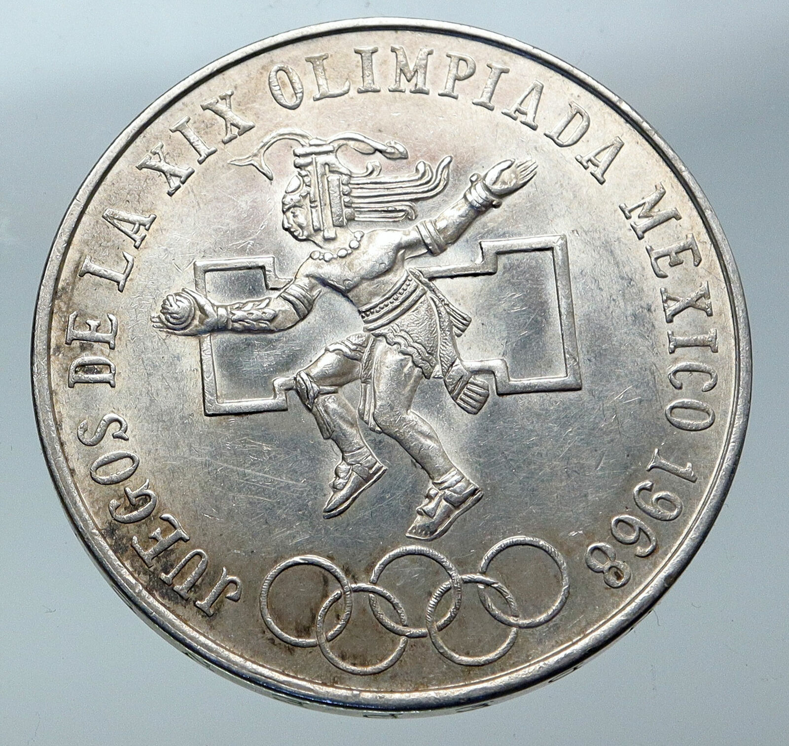 1968 Mexico XIX Olympic Games Aztec Ball Player BIG 25 Pesos Silver Coin i85829