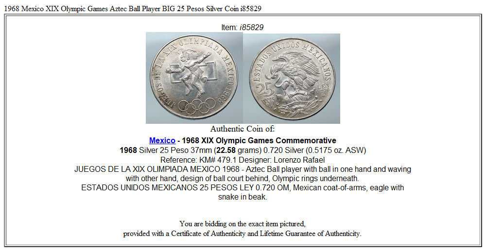 1968 Mexico XIX Olympic Games Aztec Ball Player BIG 25 Pesos Silver Coin i85829