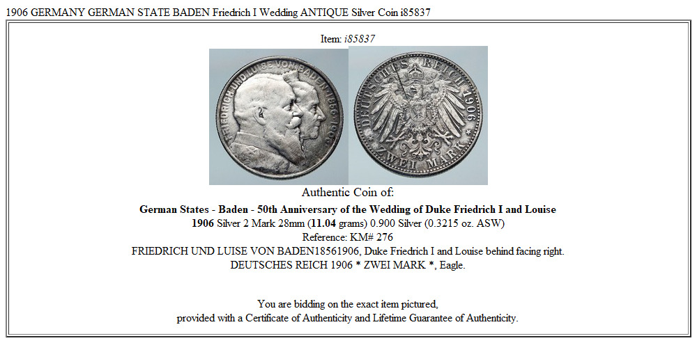 1906 GERMANY GERMAN STATE BADEN Friedrich I Wedding ANTIQUE Silver Coin i85837