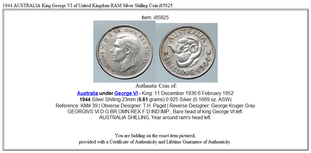 1944 AUSTRALIA King George VI of United Kingdom RAM Silver Shilling Coin i85825