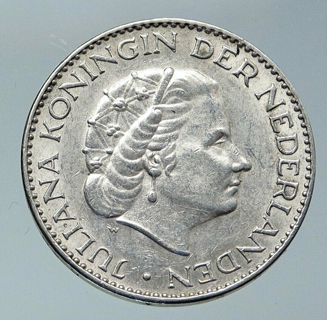 1957 NETHERLANDS Kingdom Queen JULIANA Vintage OLD Silver 1 Gulden Coin i85830