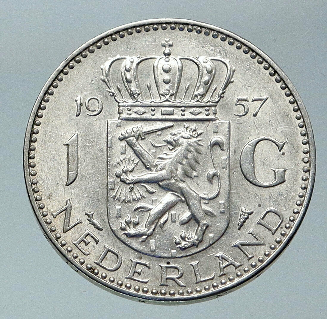 1957 NETHERLANDS Kingdom Queen JULIANA Vintage OLD Silver 1 Gulden Coin i85830