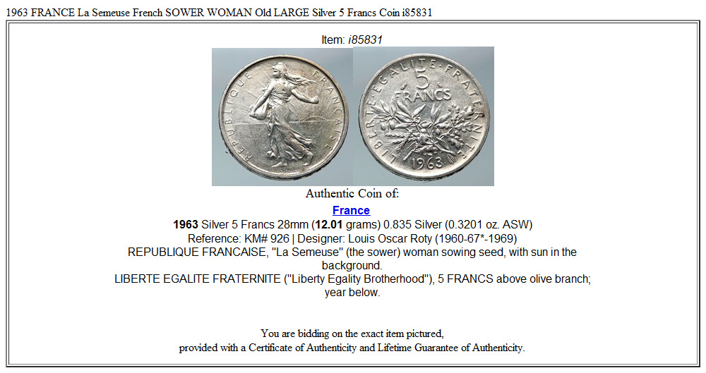 1963 FRANCE La Semeuse French SOWER WOMAN Old LARGE Silver 5 Francs Coin i85831