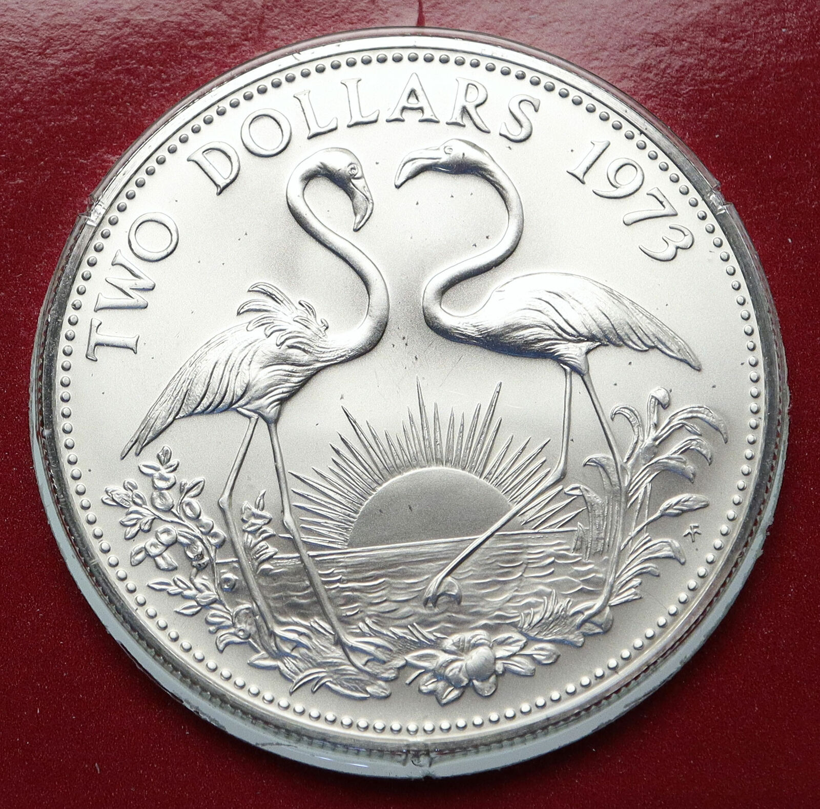 1973 The BAHAMAS Queen Elizabeth II FLAMINGO Matte Proof Silver $2 Coin i85834