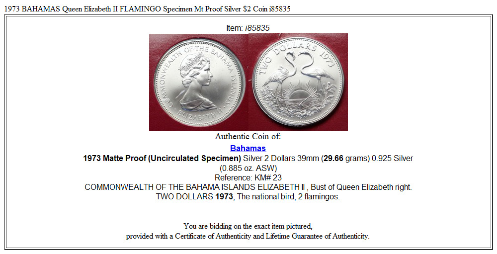 1973 BAHAMAS Queen Elizabeth II FLAMINGO Specimen Mt Proof Silver $2 Coin i85835