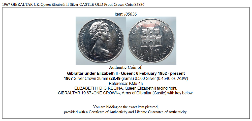 1967 GIBRALTAR UK Queen Elizabeth II Silver CASTLE OLD Proof Crown Coin i85836