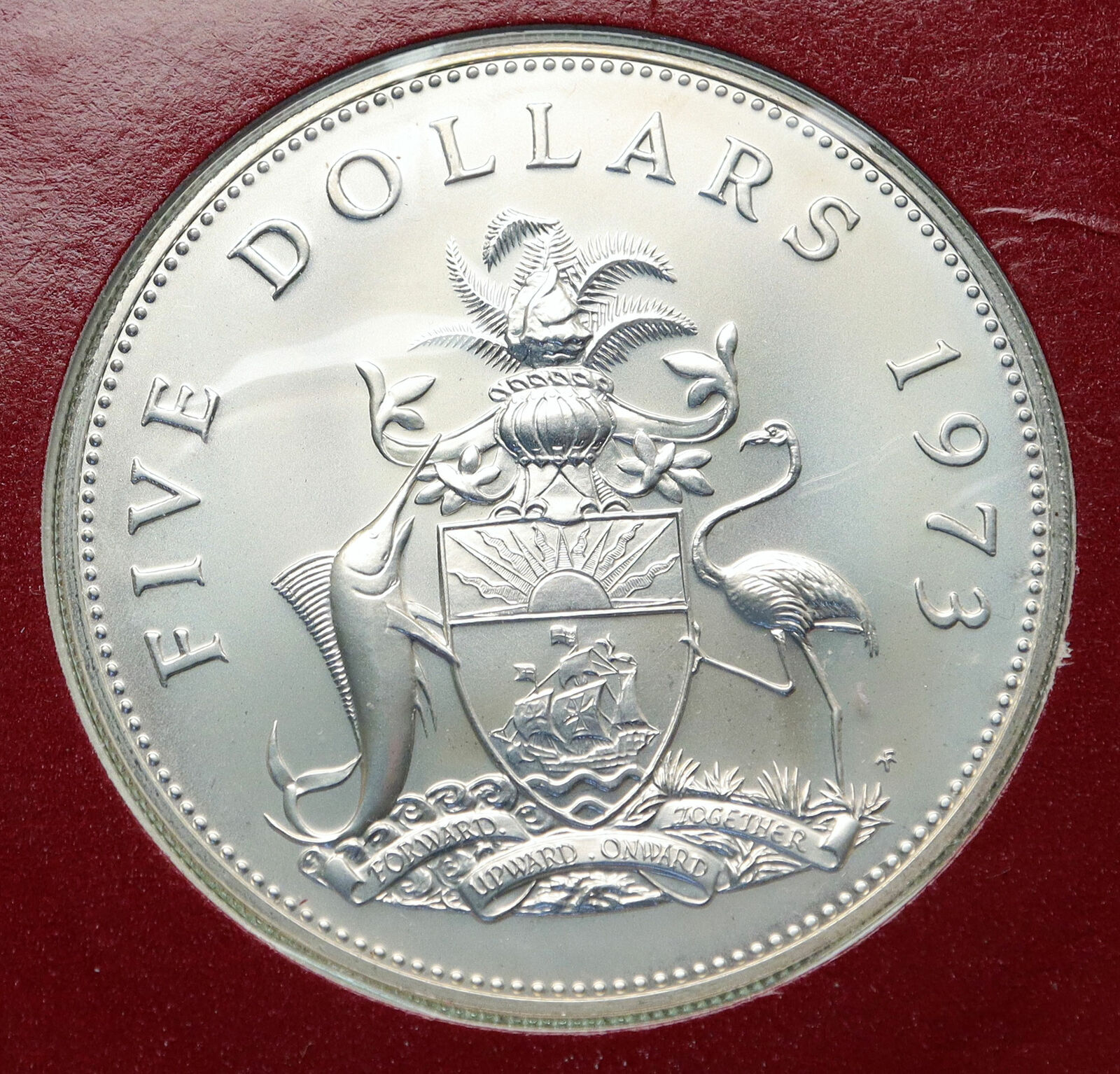 1973 BAHAMAS Pirate DEFEAT MOTTO Old Specimen Proof Silver 5 Dollars Coin i85841