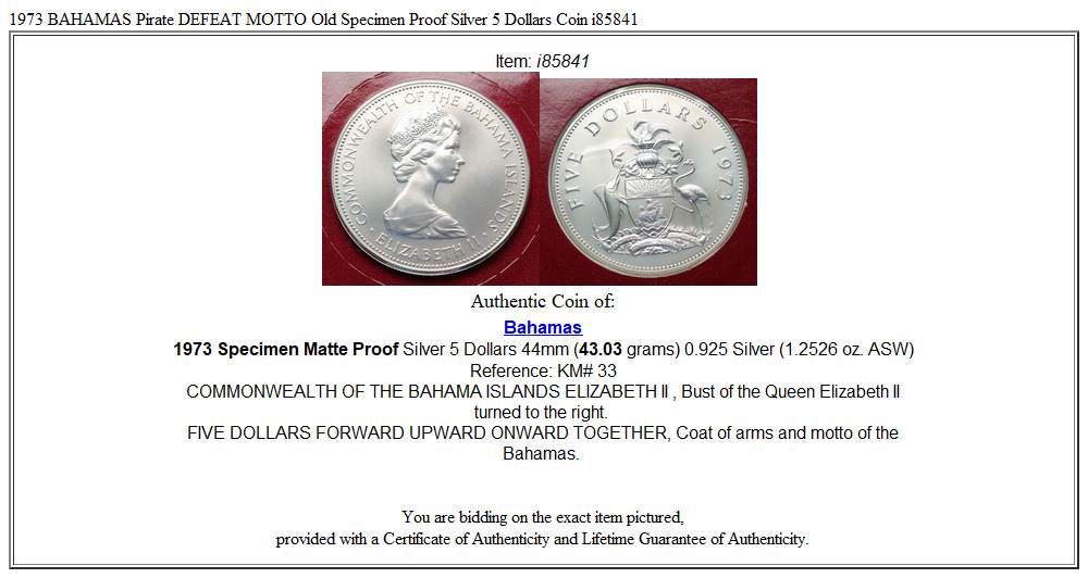 1973 BAHAMAS Pirate DEFEAT MOTTO Old Specimen Proof Silver 5 Dollars Coin i85841