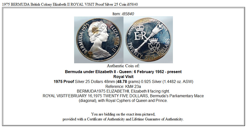 1975 BERMUDA British Colony Elizabeth II ROYAL VISIT Proof Silver 25 Coin i85840