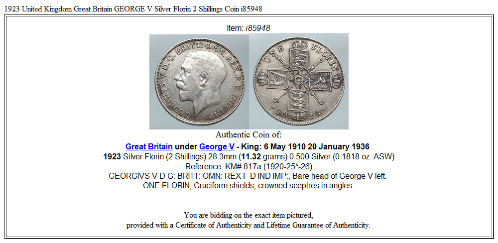 1923 United Kingdom Great Britain GEORGE V Silver Florin 2 Shillings Coin i85948