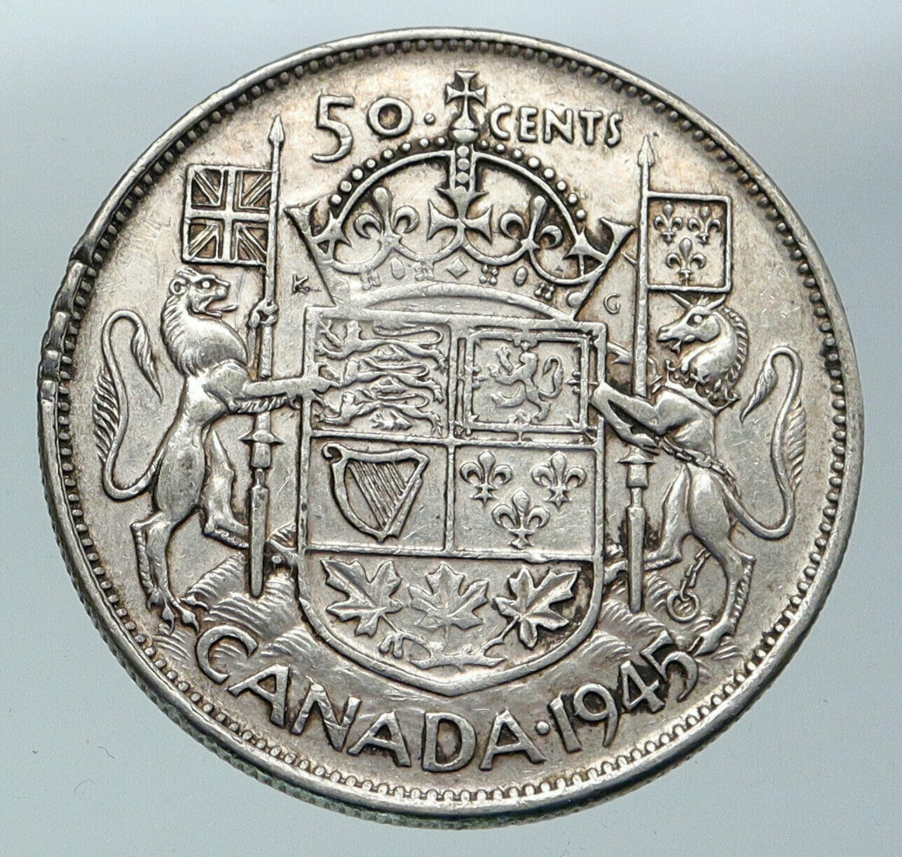 1945 CANADA WWII Time UK King GEORGE VI Coat-of-Arms SILVER 50 Cents Coin i85951