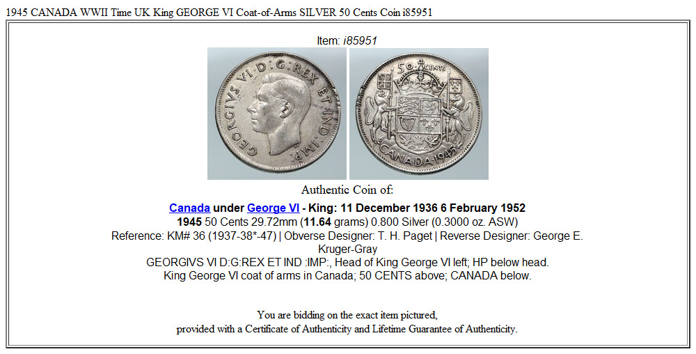 1945 CANADA WWII Time UK King GEORGE VI Coat-of-Arms SILVER 50 Cents Coin i85951