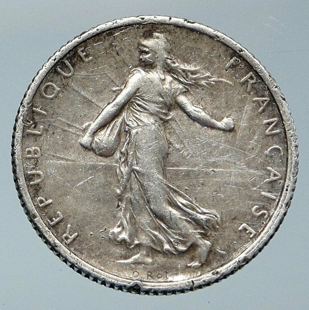 1916 FRANCE La Semeuse Sower Woman ANTIQUE OLD Silver 1 Franc French Coin i85945