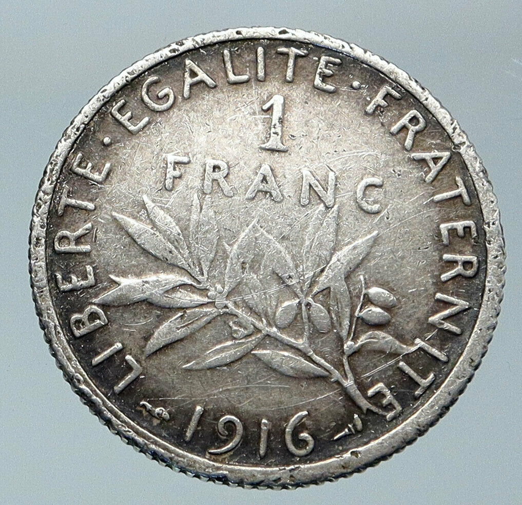 1916 FRANCE La Semeuse Sower Woman ANTIQUE OLD Silver 1 Franc French Coin i85945