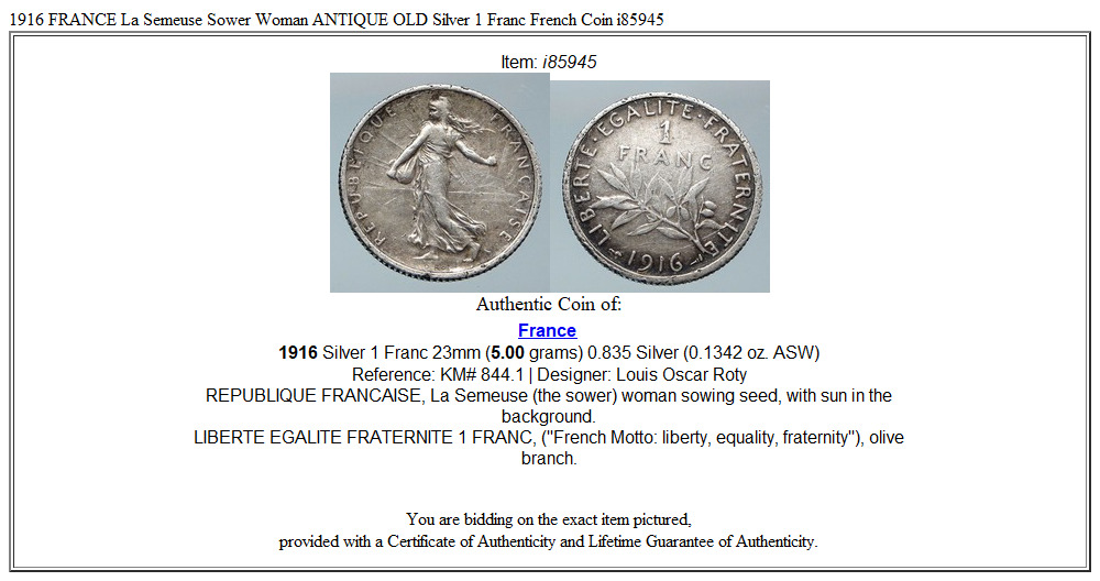 1916 FRANCE La Semeuse Sower Woman ANTIQUE OLD Silver 1 Franc French Coin i85945