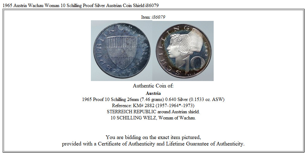 1965 Austria Wachau Woman 10 Schilling Proof Silver Austrian Coin Shield i86079