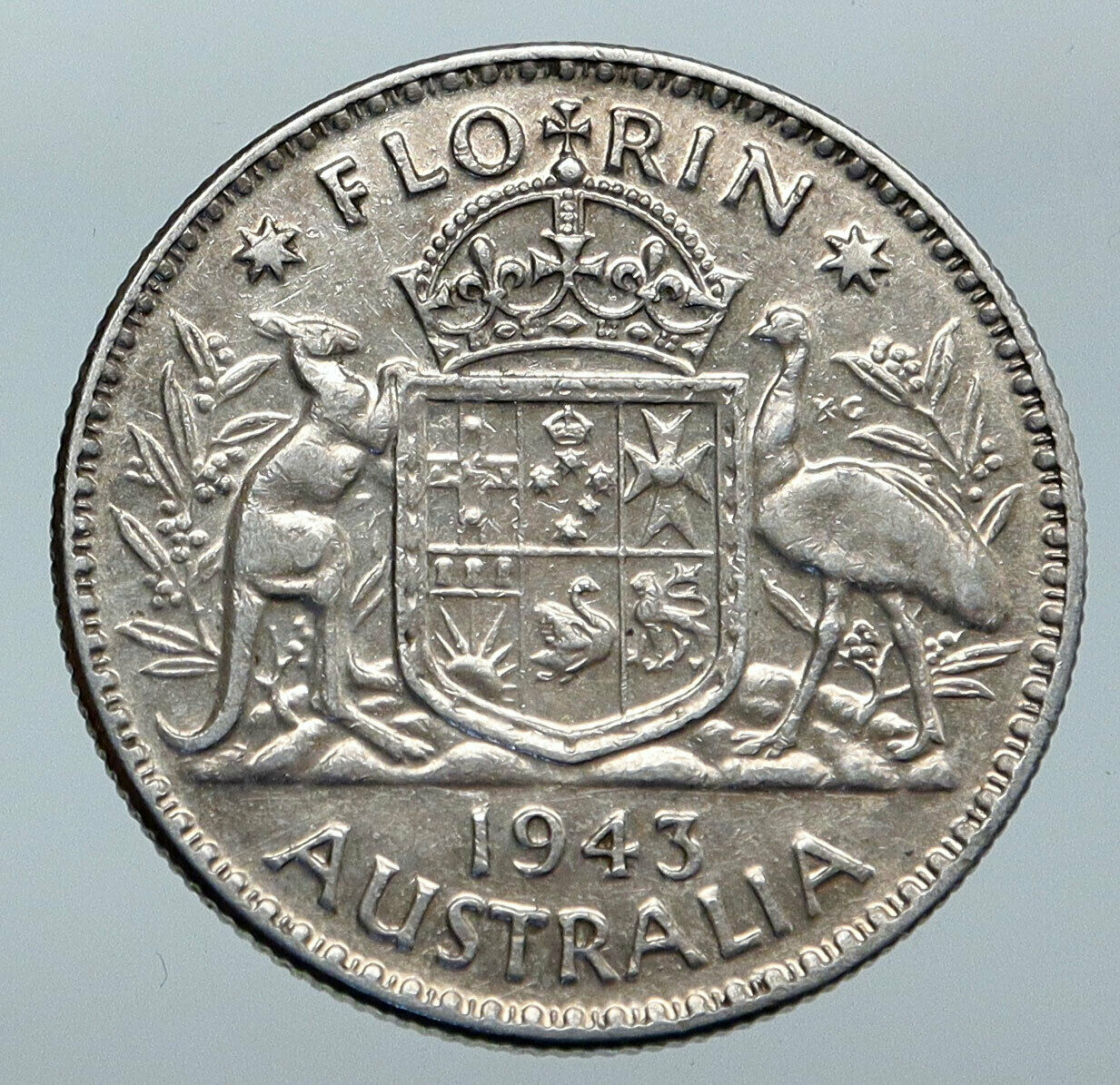 1943 AUSTRALIA Large King George VI Kangaroos Antique Silver Florin Coin i86103