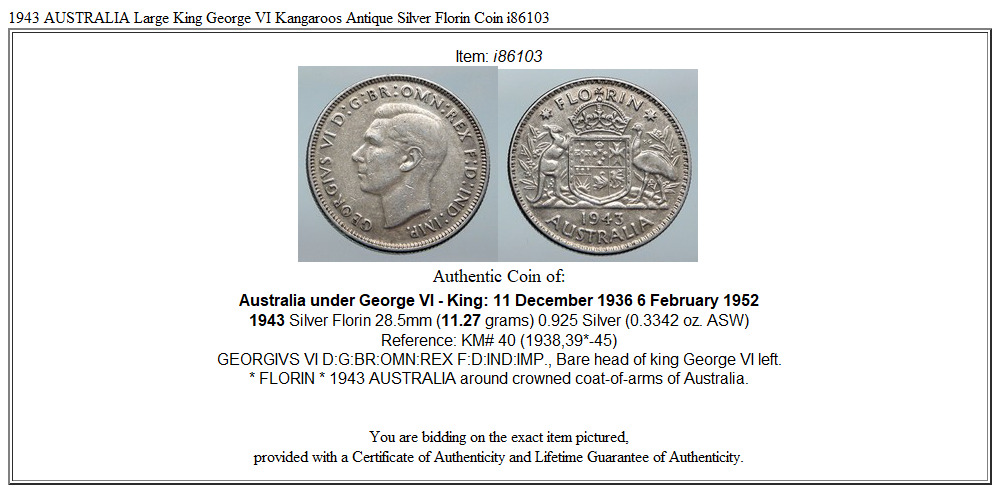 1943 AUSTRALIA Large King George VI Kangaroos Antique Silver Florin Coin i86103