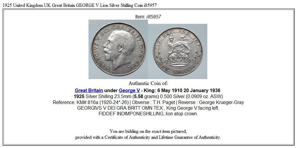 1925 United Kingdom UK Great Britain GEORGE V Lion Silver Shilling Coin i85957