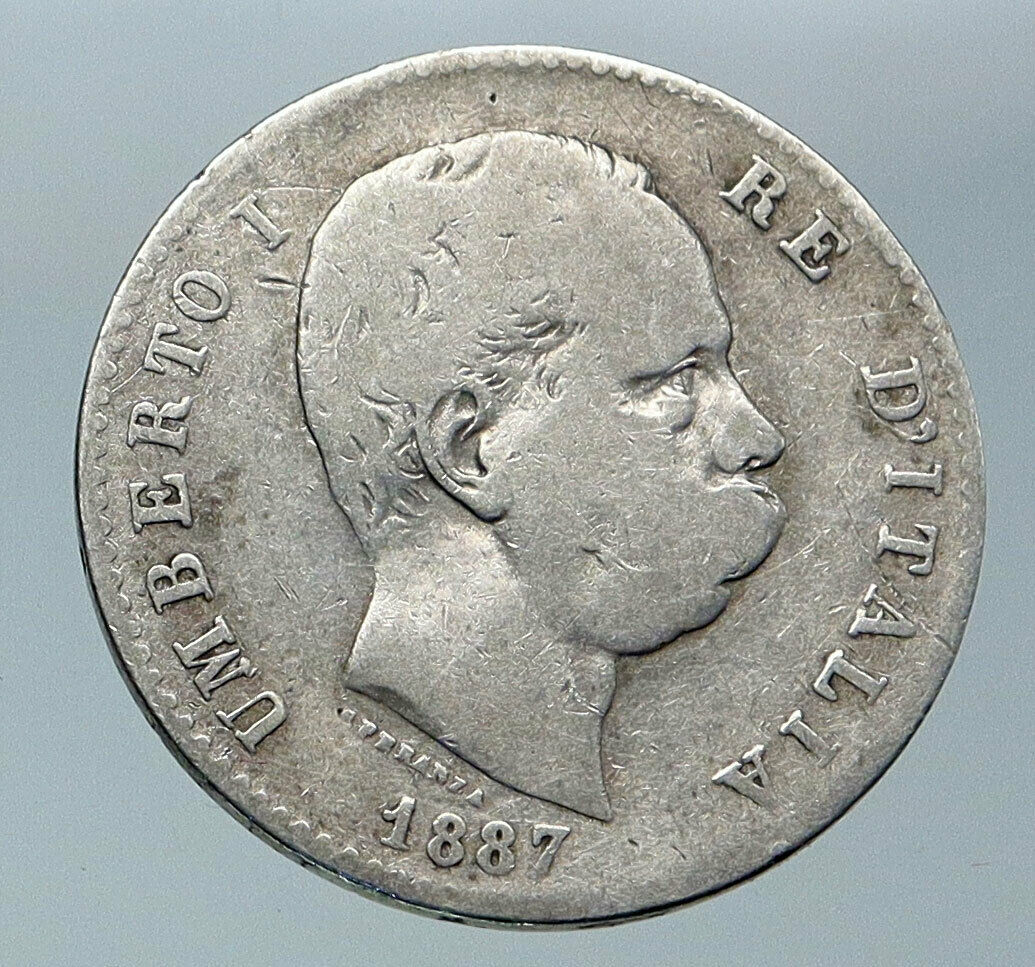 1887 ITALY with King Umberto I VINTAGE Antique Silver 1 Lira Italian Coin i86109