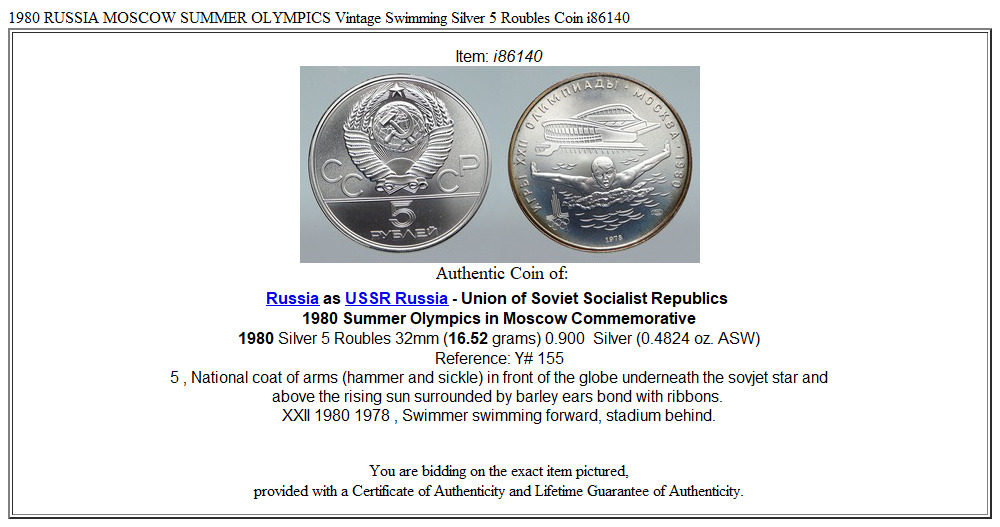 1980 RUSSIA MOSCOW SUMMER OLYMPICS Vintage Swimming Silver 5 Roubles Coin i86140