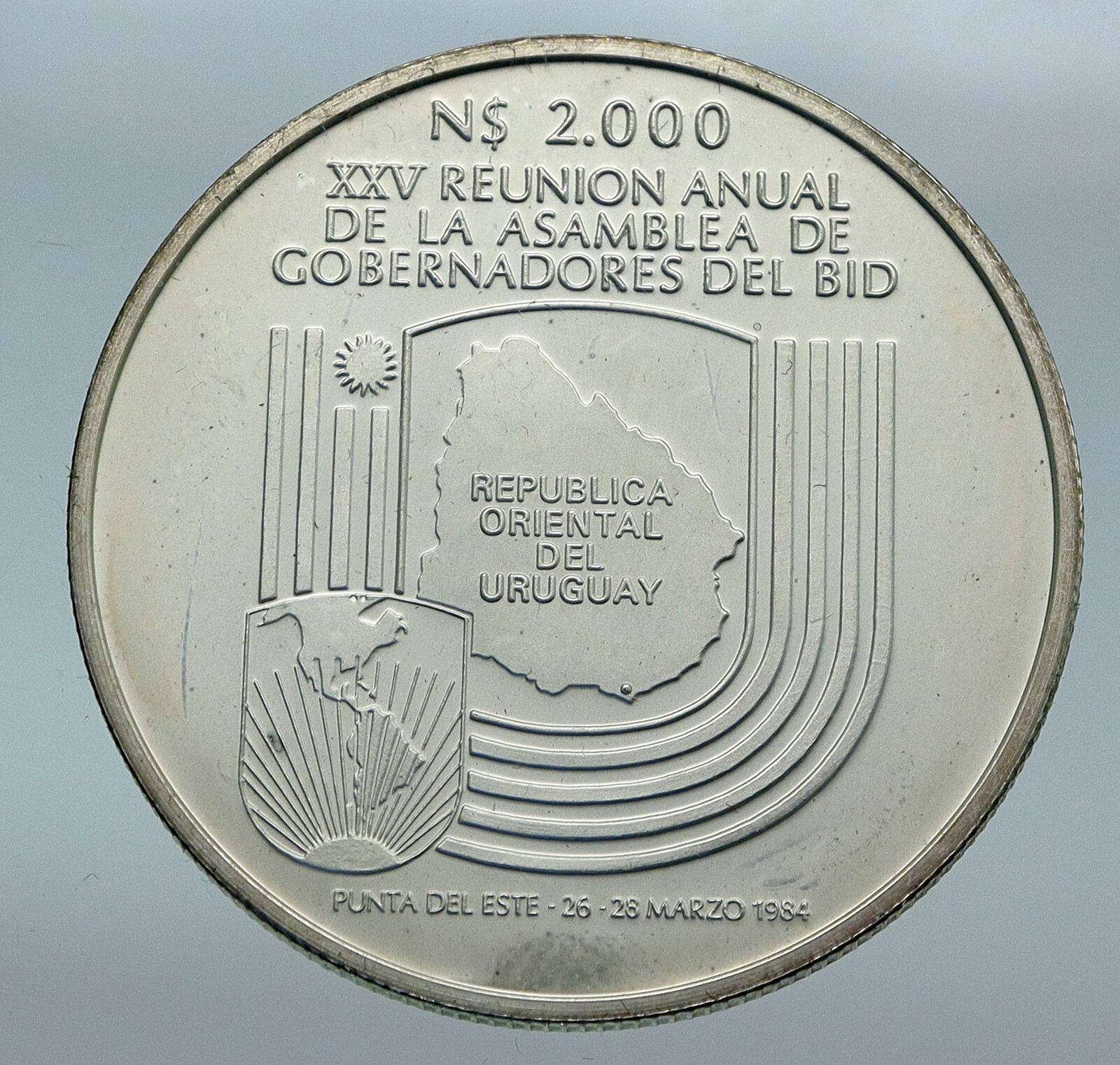 1984 URUGUAY Inter-American Development BANK Silver 2000 New Pesos Coin i85519