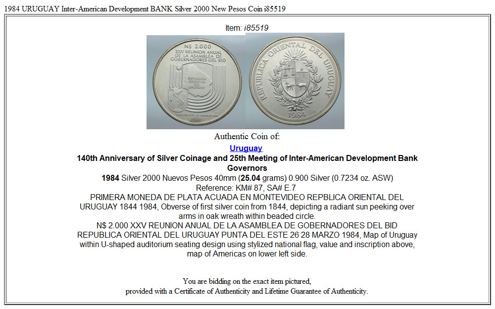 1984 URUGUAY Inter-American Development BANK Silver 2000 New Pesos Coin i85519