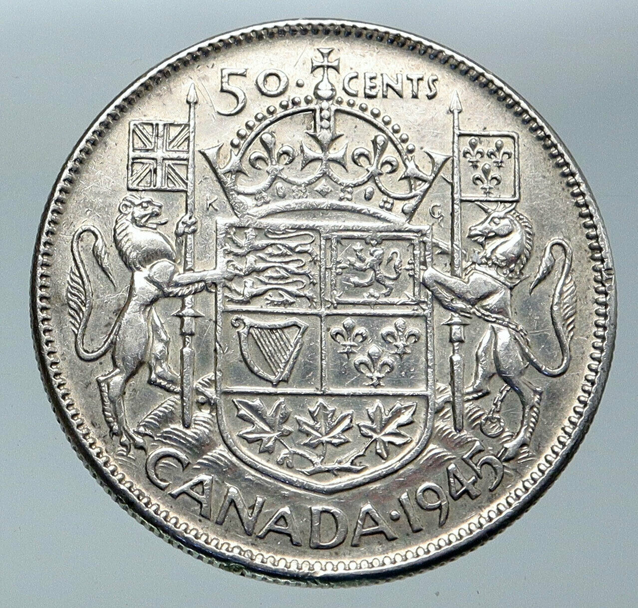 1945 CANADA WWII Time UK King GEORGE VI Coat-of-Arms SILVER 50 Cents Coin i85947