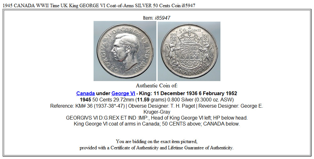 1945 CANADA WWII Time UK King GEORGE VI Coat-of-Arms SILVER 50 Cents Coin i85947