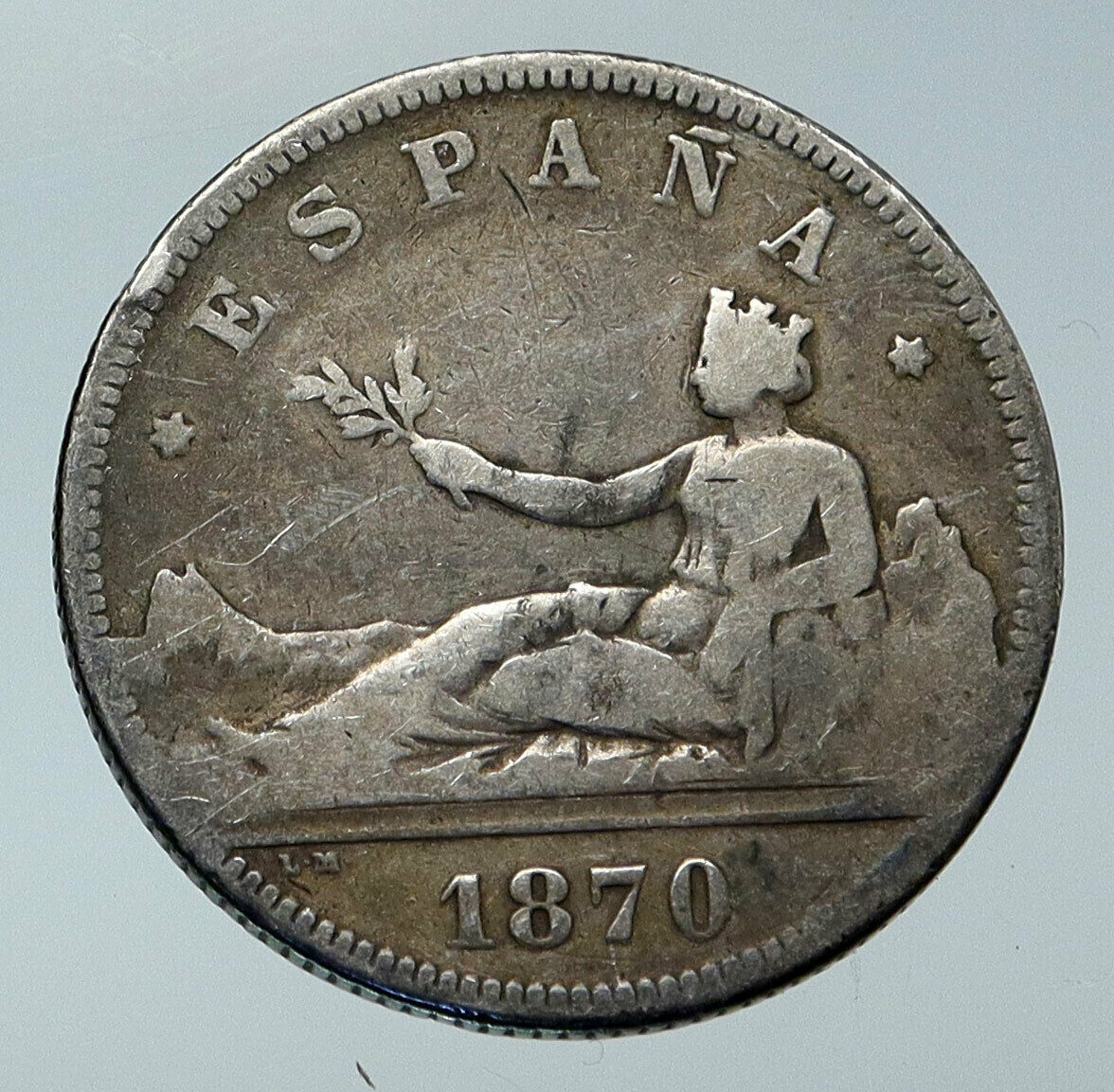 1870 SPAIN Provisional Government Liberty Genuine Silver 2 Pesetas Coin i85960