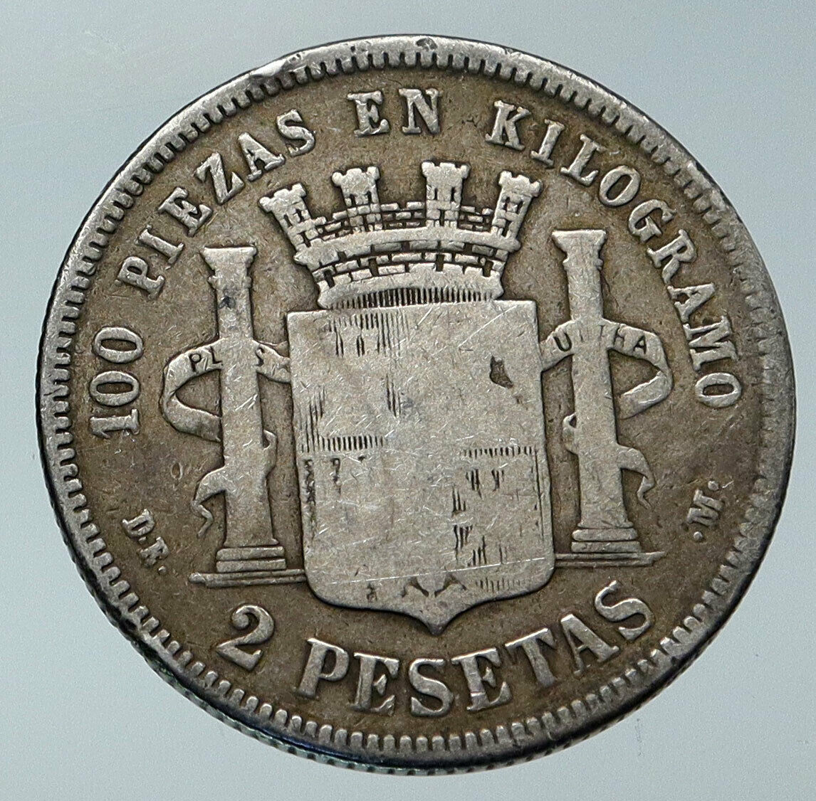 1870 SPAIN Provisional Government Liberty Genuine Silver 2 Pesetas Coin i85960