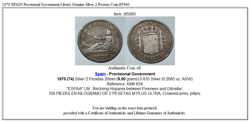 1870 SPAIN Provisional Government Liberty Genuine Silver 2 Pesetas Coin i85960