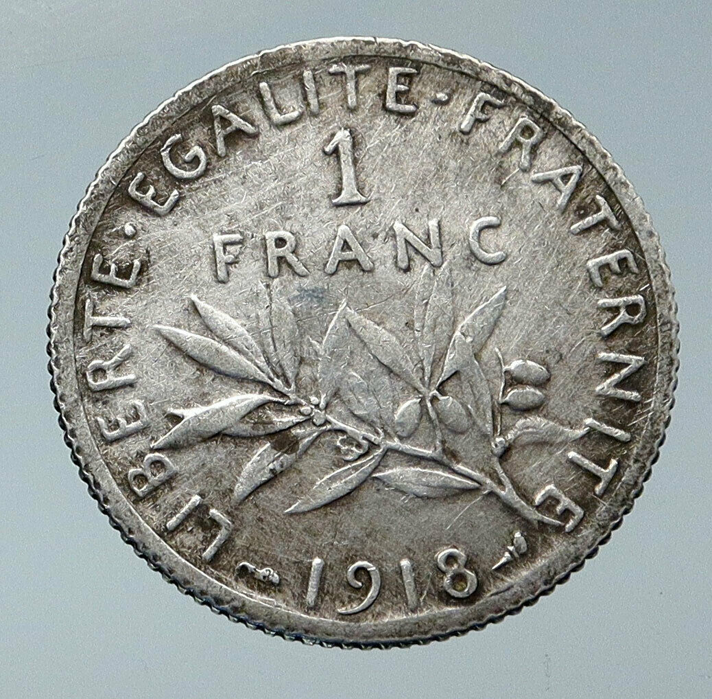 1918 FRANCE La Semeuse Sower Woman ANTIQUE OLD Silver 1 Franc French Coin i85962