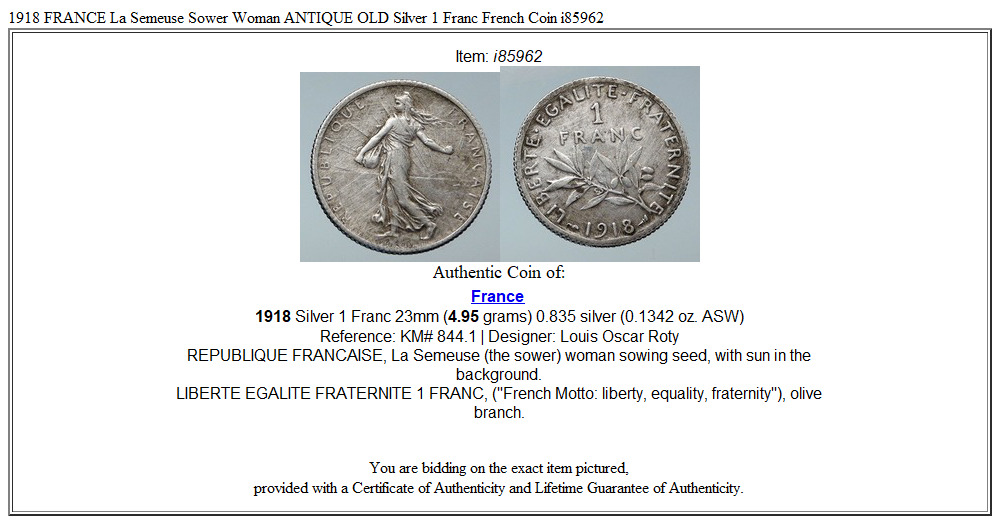 1918 FRANCE La Semeuse Sower Woman ANTIQUE OLD Silver 1 Franc French Coin i85962