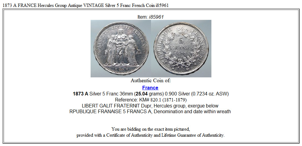 1873 A FRANCE Hercules Group Antique VINTAGE Silver 5 Franc French Coin i85961