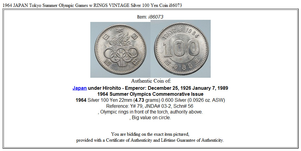 1964 JAPAN Tokyo Summer Olympic Games w RINGS VINTAGE Silver 100 Yen Coin i86073