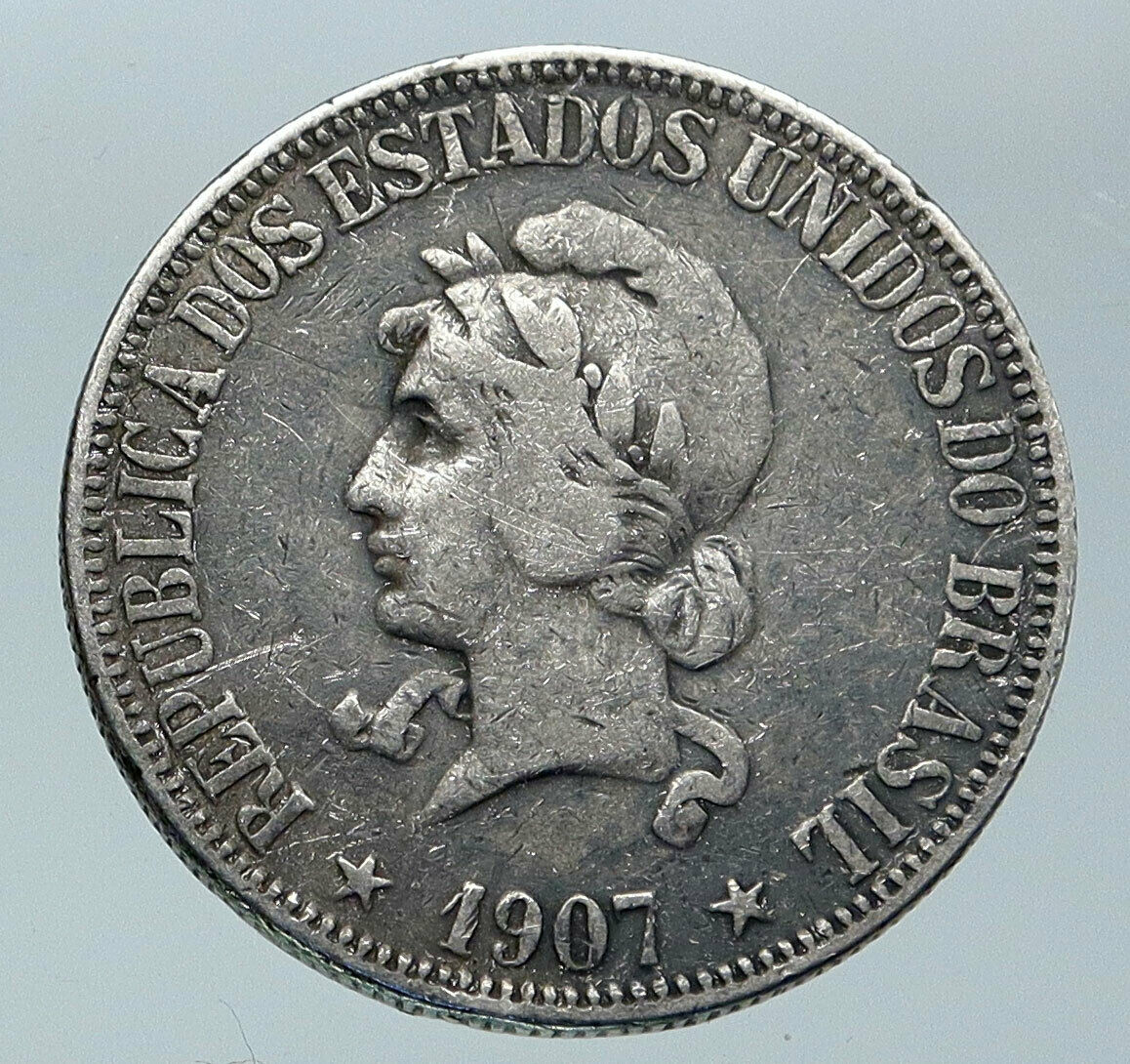 1907 BRAZIL w LIBERTY & CAP Silver OLD ANTIQUE 1000 Reis Brazilian Coin i85949