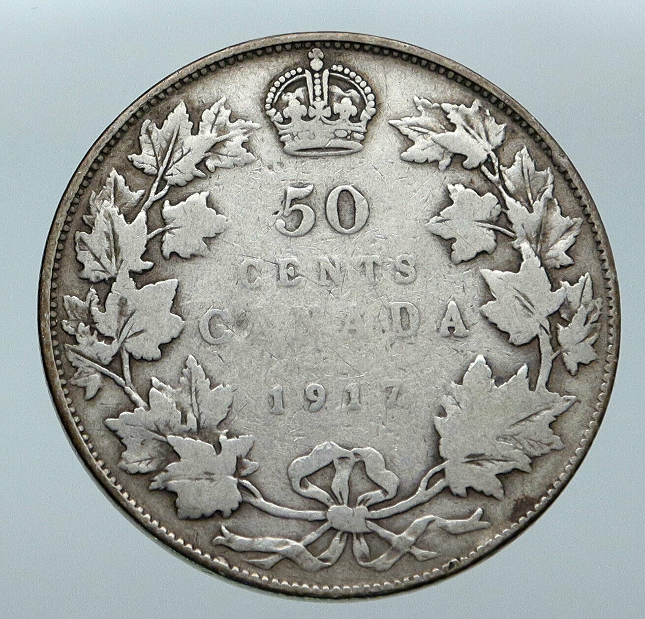 1917 CANADA UK King George V Antique Genuine Crown SILVER 50 CENTS Coin i86100